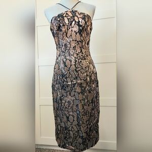 ◇$800 THEIA GOLD BRONZE FLORAL JAQUARD SILK RUNWAY DRESS US 8